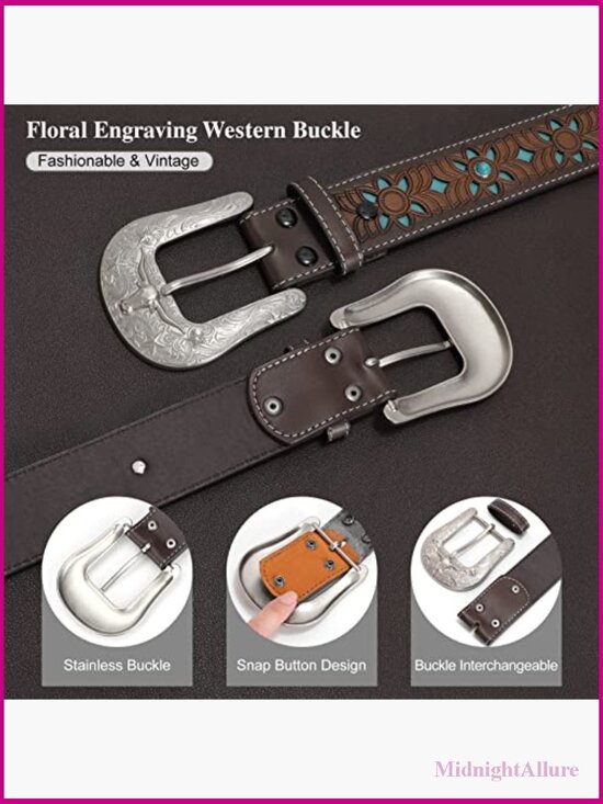 Vintage Tooled Leather Western Belt Unisex Interchangeable Buckle Cowboy Cowgirl